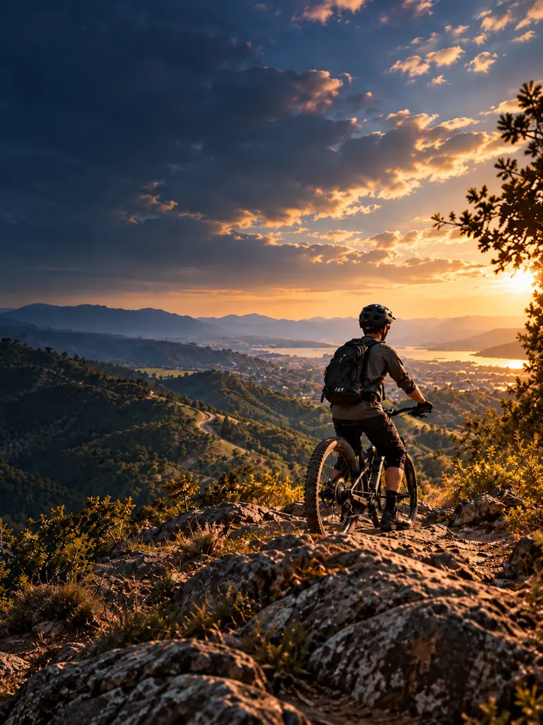 Mountain biker overlooking a mountain valley at sunset